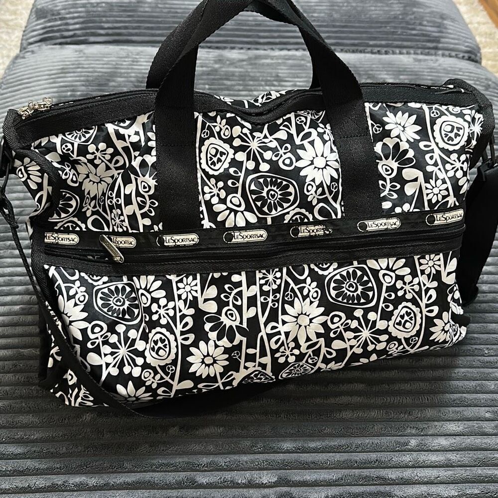 LeSportsac Large Floral Black And White Duffle Bag